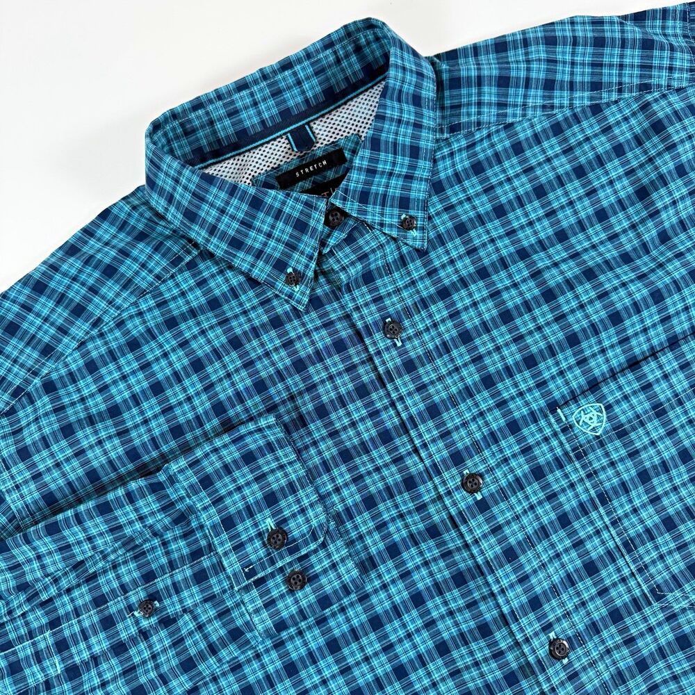 Ariat Pro Series Mens Large Blue Teal Plaid Stretch Western Button Shirt